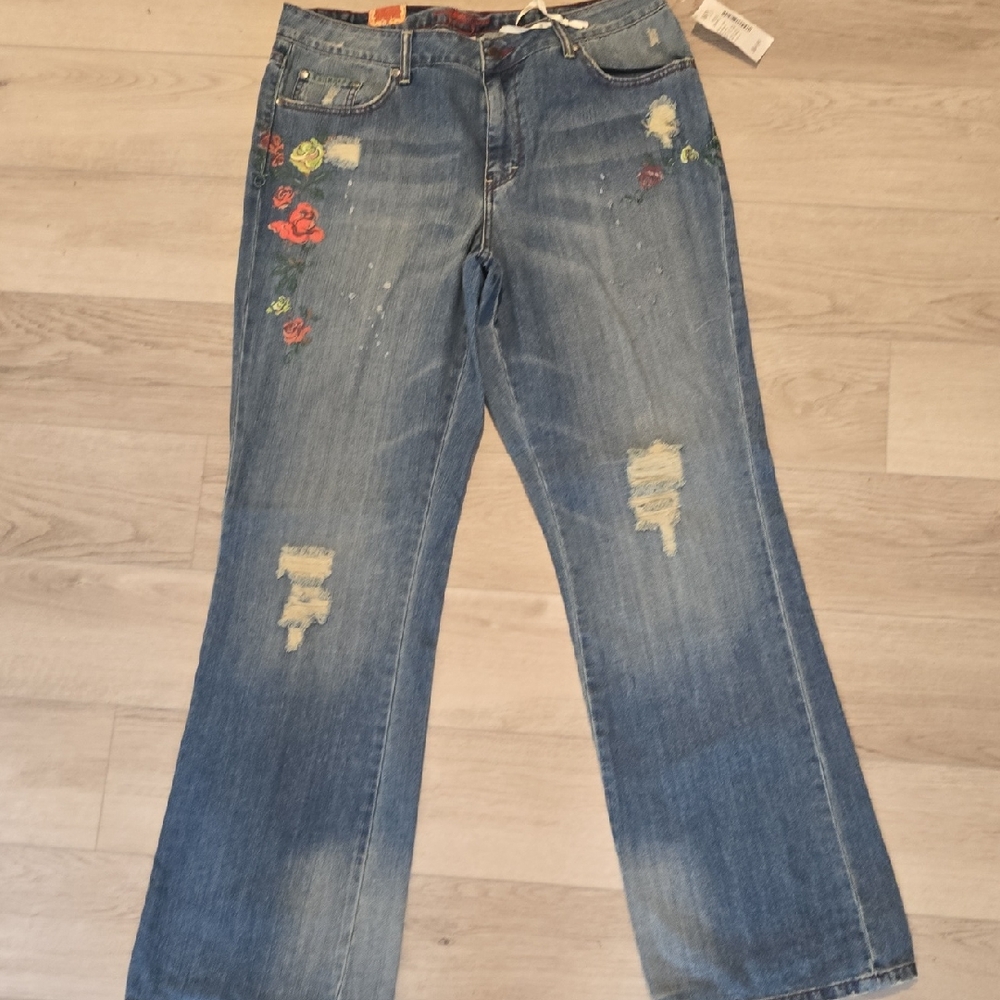 Jessica Simpson Distressed Blue Jeans with Floral Embroidery